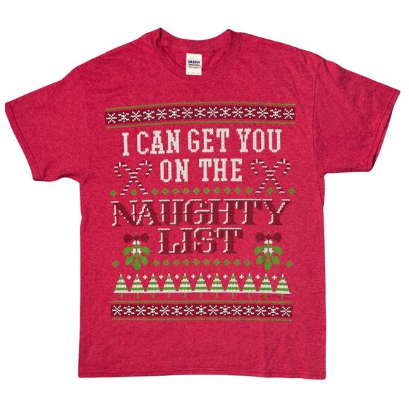 Men's Christmas T-Shirt "I Can Get You On The Naughty List" Sz Large Red Holiday - Picture 3 of 8